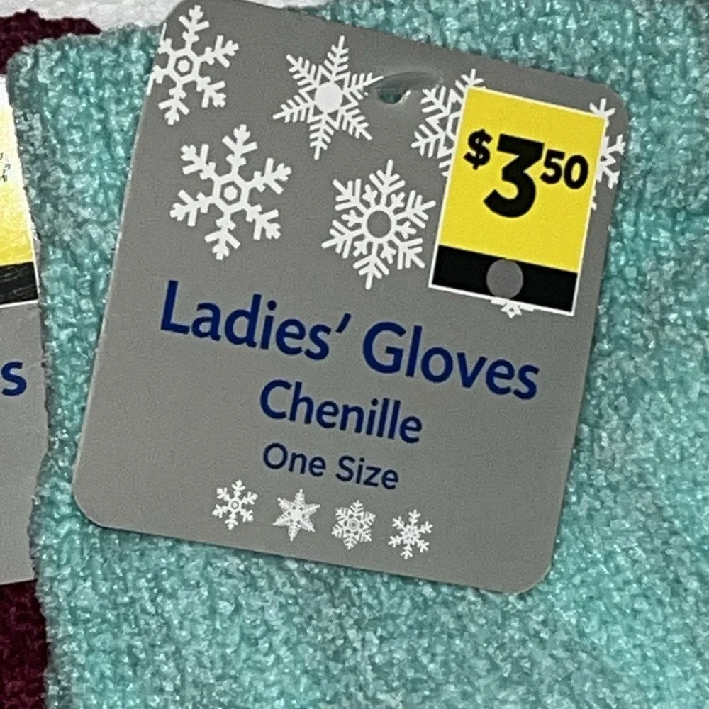2 Pair Ladies Gloves Chenille Stretch One Size Maroon & Mint Green